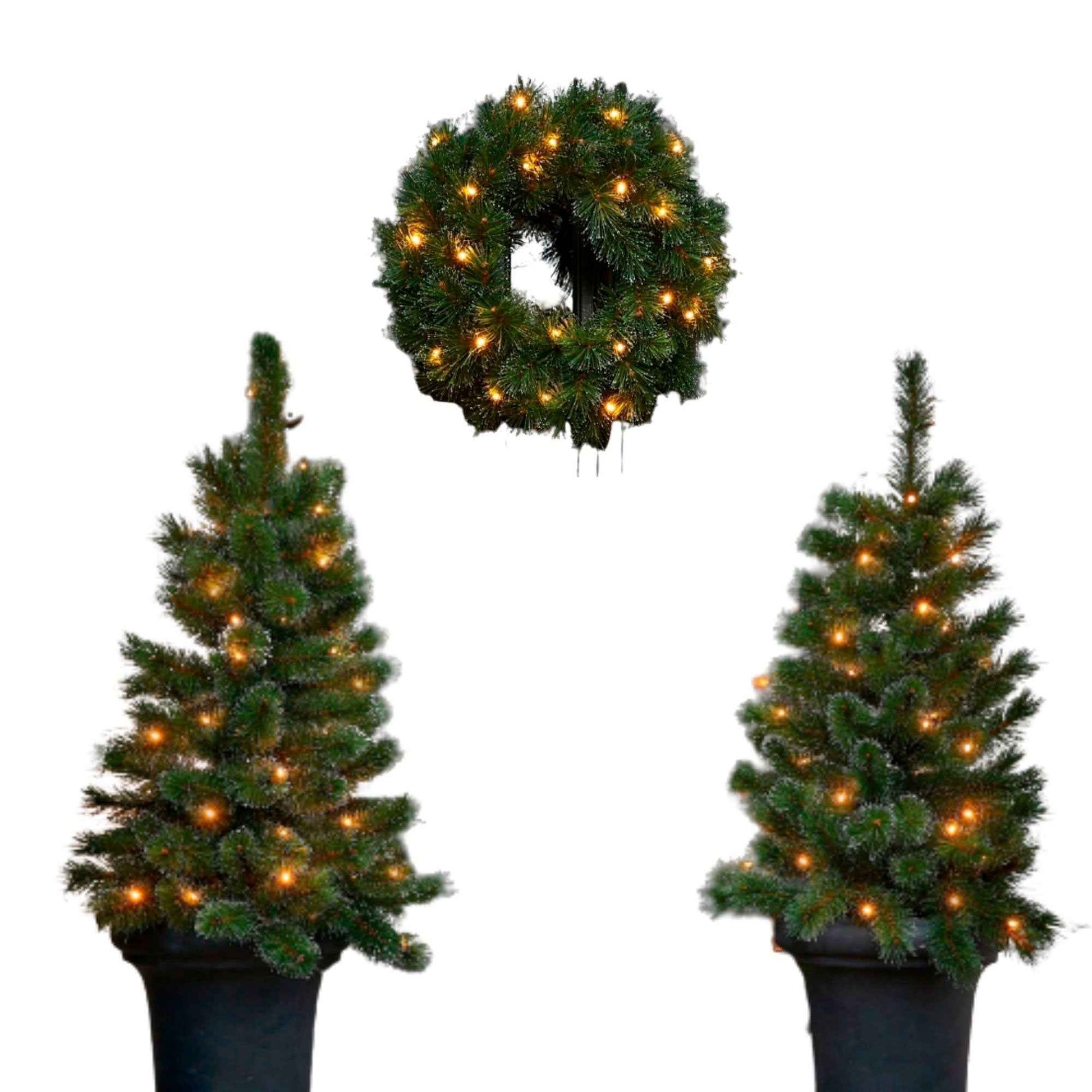 Black Box 2x Schneebedeckter künstlicher Weihnachtsbaum + 1x Adventskranz Glendon inkl. LED-Beleuchtung - Kunstweihnachtsbäume
