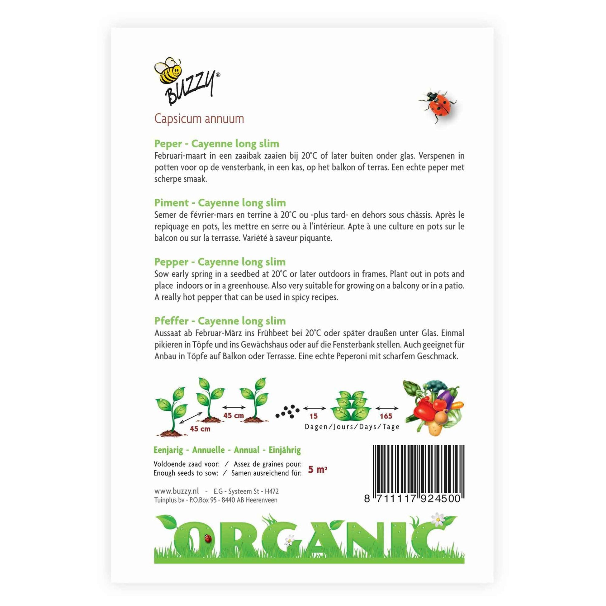 Pfeffer Capsicum 'Long Slim' - Biologisch 5 m² - Gemüsesamen - Bio-Samen